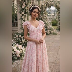 Floral Pink Dress with Ruffle Sleeves